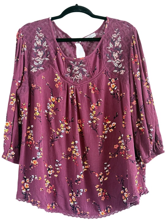 mason & belle Tops - 🍁 Mason & Belle Boho Floral Lace Yoke Blouse - Plum 1X